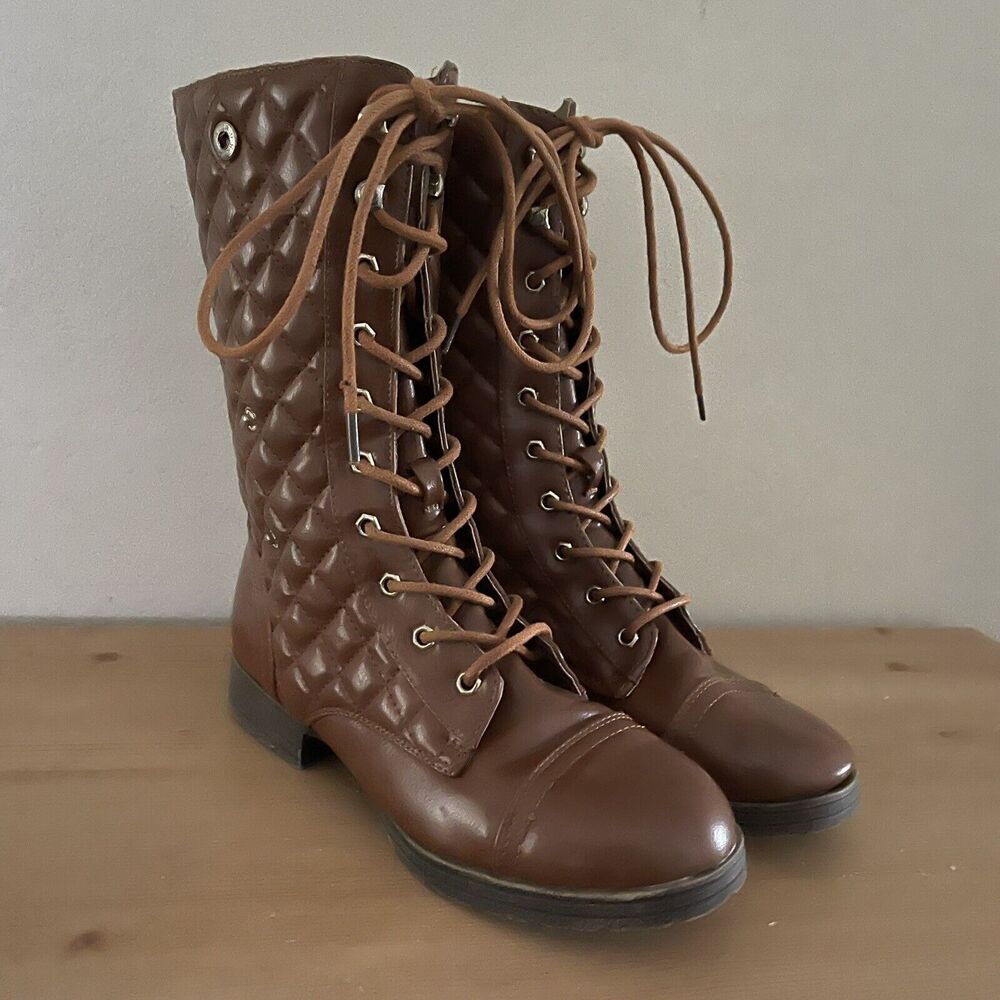 ShoeDazzle Brown Combat Boots Womens Size 8.5 Period Upper Quilted Fold Over
